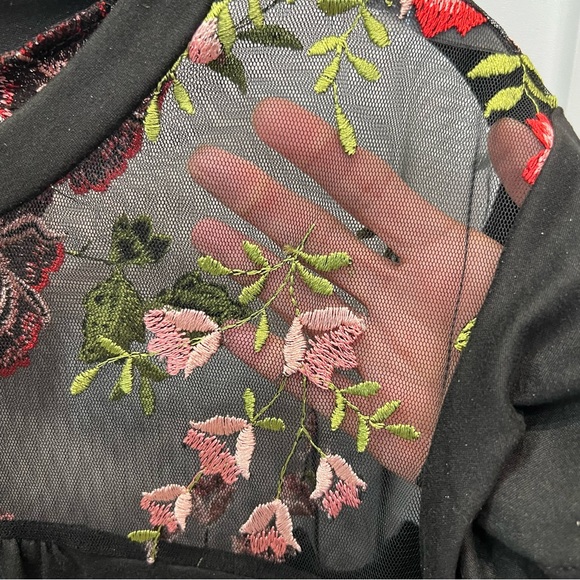 Haptics Black Sheer Block Embroidered Floral Flowy Short Sleeve Top - Picture 6 of 8
